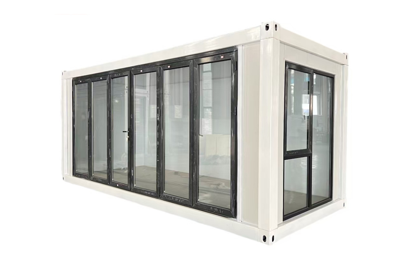 Interior of a fixed container house showing insulation and smart layout